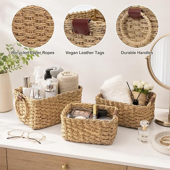 Paper Rope Storage Baskets Set of 3, Handwoven Decorative Wicker Organizer Bins with Handles for Shelves, Bathroom, Closet & Pantry, Soft Woven Nesting Storage Basket Set (Khaki)