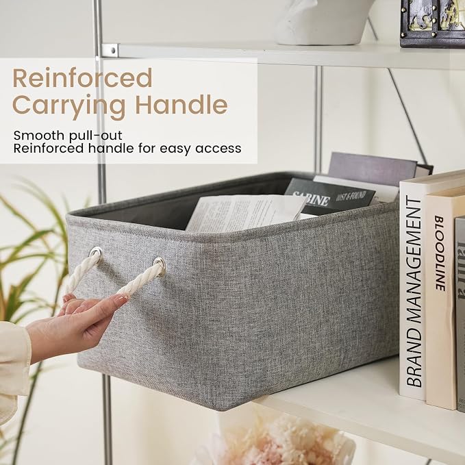 15.7x11.8x8.26 Inch Fabric Large Storage Bins with Handles 3 Pack | Foldable, Sturdy Metal Strand, Cardboard Support Molding, Fabric Storage Baskets for Shelves, Closet, Bedroom, Gray