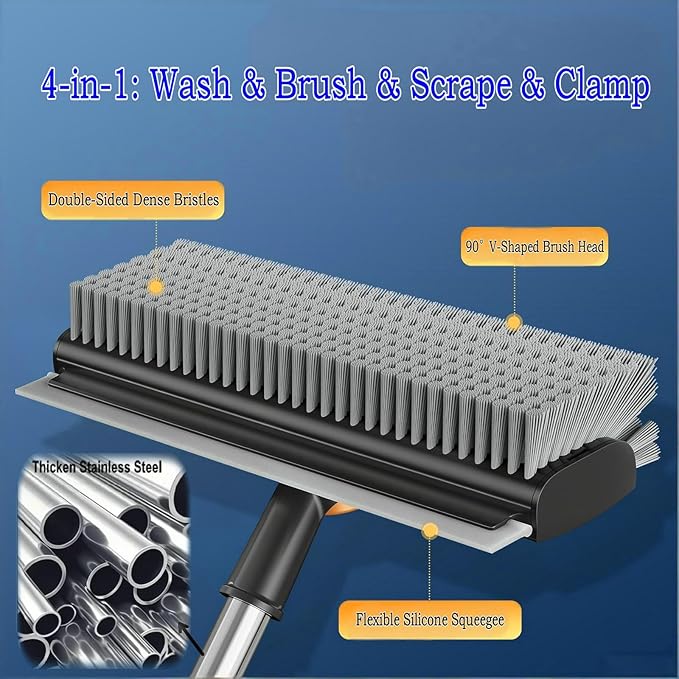 Floor Scrub Brush with Squeegee Long Handle 3 in 1 tub Brush 52'' 2026 Upgraded Multi-Functional Stiff Bristle Cleaning Scrub Brush Rotating Tile Brush for Cleaning Bathroom Patio, Pool, Garage