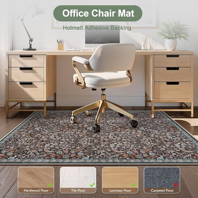 Anidaroel 36"x48" Floral Chair Mat for Hardwood Floor & Tile Floor, Office Chair Rug for Rolling Chair, Desk Chair Mat for Hard Floors, Anti-Slip Computer Gaming Chair Mat, Easy to Roll