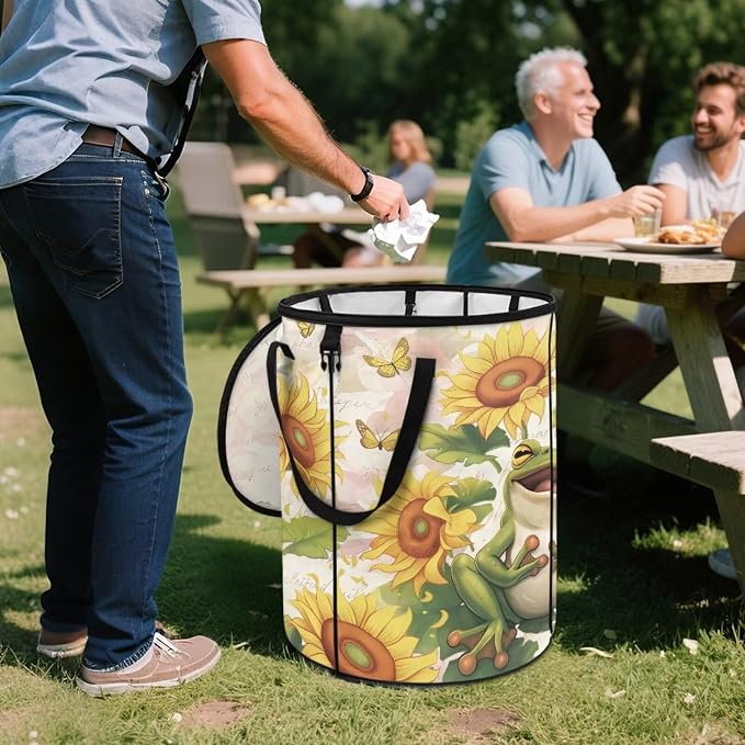 Sunflower Frog 24 Gallon Collapsible Garbage Can for Camping Car Waterproof Outdoor Trash Bin with Lid Foldable Portable Pop-Up Yard Waste Leaf Bag for Campsites Garden