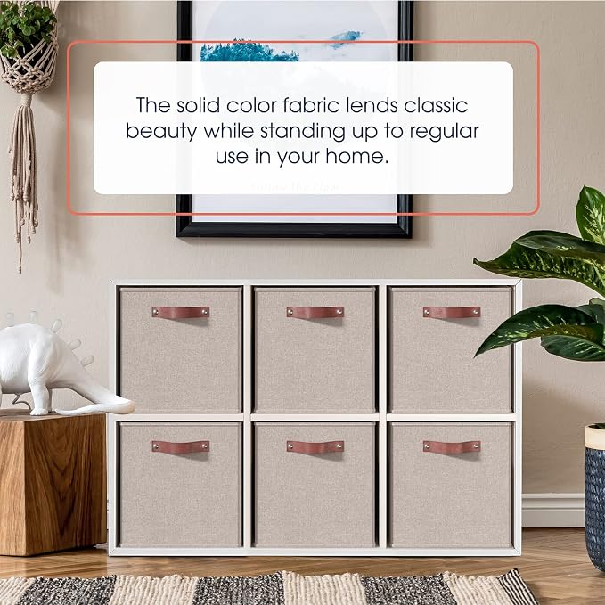 Ornavo Home 11x11 Foldable Fabric Storage Cube Bins, 6 Pack, Beige | Collapsible Linen Shelf Basket Organizer; Leather Handles; Ideal Cube Storage For Closet