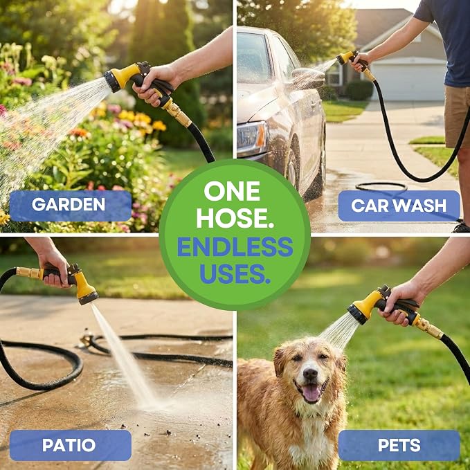 J&B XpandaHose 100ft Expandable Garden Hose, Lightweight, Brass Connectors | Ultra Strong 3750D fabric, 4-layer latex core, expands 3X, kink & leak-resistant, 10-pattern nozzle, storage bag