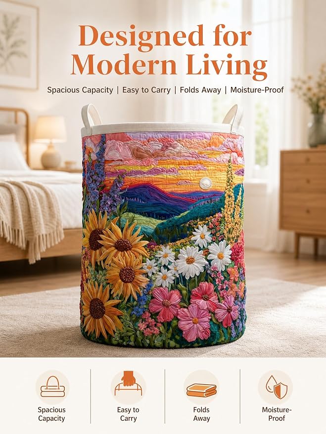 Quilted Laundry Basket with Handles, Boho Floral Quilted Storage Hamper, Large Capacity Laundry Hamper for Nursery Bedroom Laundry Room Home Decor (Pattern 02, Small (18"H x 14"W x 14"L))