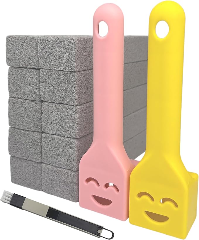 10 Pack Pumice Stone Scouring Sticks with 2 Universal Handles, Grey Pumice Stone Cleaner for Cleaning Toilets, Bathrooms, Kitchens, Spas and Pools, Plus 1 Dual-Use 2-in-1 Dustpan Brush (11-in-1)