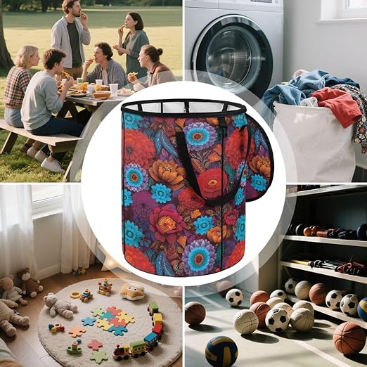 BIGCARJOB Hippie Floral Outdoor Trash Can Storage Collapsible Pop-up Recycle Trash Can 22.83x17.71 Waterproof Garbage Bin Bag with Lid and Clip