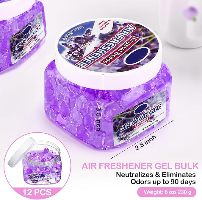12 Pcs Air Freshener Bulk Odor Gel Eliminator Beads 8 Oz, Lavender | Long Lasting Air Freshener Beads in Jars Eliminates Odors in Home Bathrooms, Cars, Boats, Rvs, Pet Areas