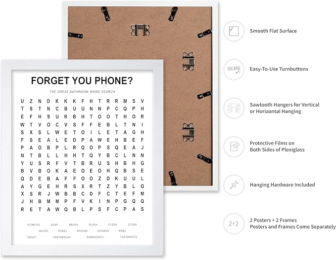 Poster Master 2-Piece Forget Your Phone Print - The Great Bathroom Word & Way Search Poster - Guest Bath Decor - Black & White Design - Powder Room Decor - Fun Restroom Sign - 8x10 White Framed