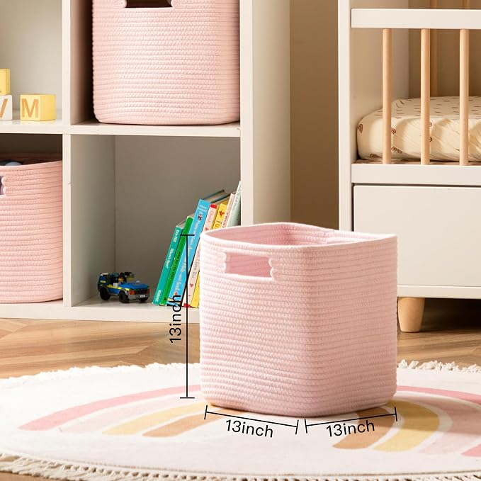 Dreamcountry 13x13 Cube Storage Bins, Storage Cubes with Handles, 4 Pack Cotton Rope Basket for Shelves, Cube Storage Organizer forToys, Book, Clothes, Home, Office, Nursery, Pink