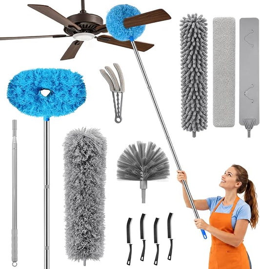 12-Piece Duster with Extension Pole, Cobweb Duster for High Ceiling | Spider web brush and flat gap cleaner for homes, apartments, fans, blinds, walls, furniture, cars and under appliances