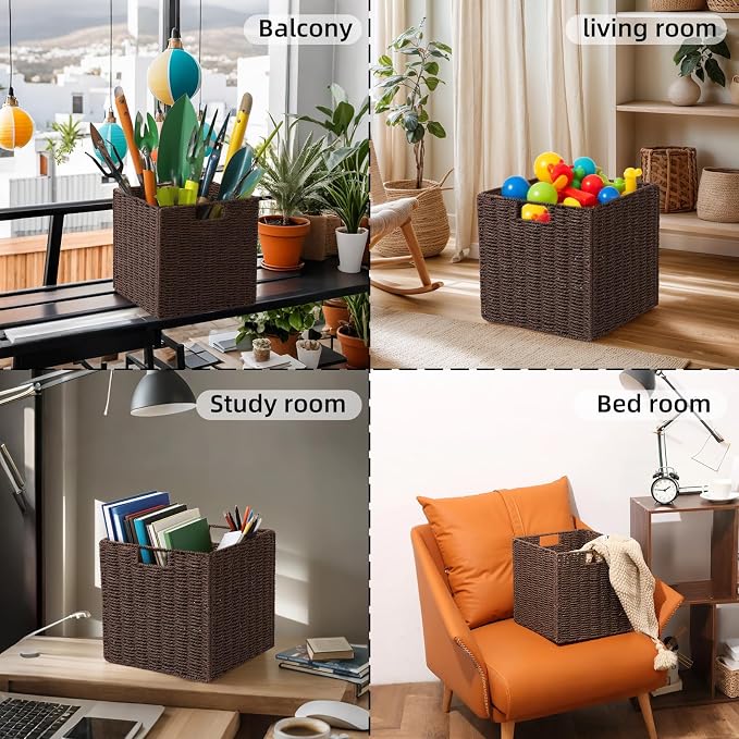 12x12x12 Inch Wicker Storage Basket, Set of 2 Hand-Woven Paper Rope Wicker Baskets, Foldable Cube Storage Bins, Brown Storage baskets Cubes, Square Baskets for Organizing Shelves Decor