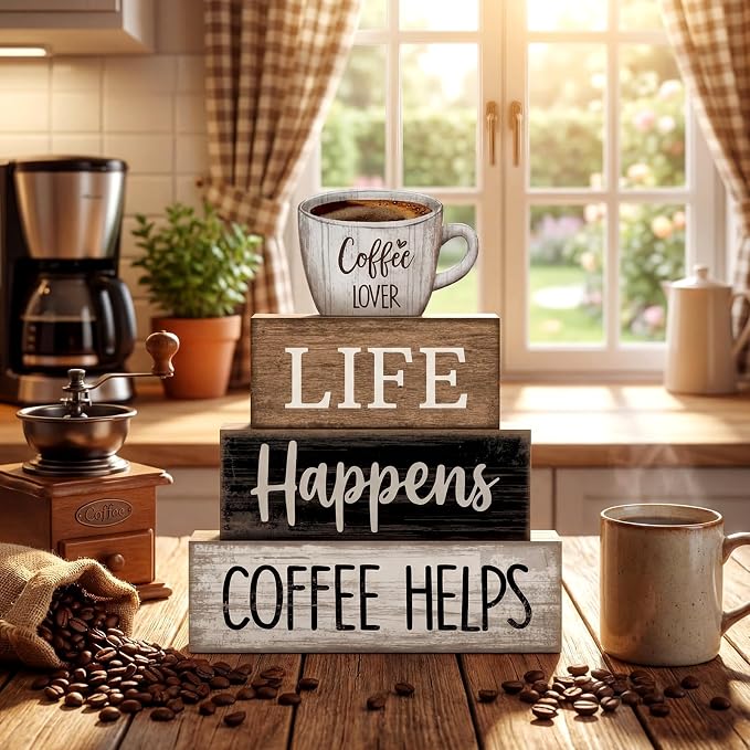 Moucuny 4 Pcs Wooden Coffee Bar Signs Farmhouse Table Decor Blocks | Stackable Rustic Blocks with Quotes, Tiered Tray Accessories, Kitchen Countertop Centerpiece, Home Cafe Corner Decorations