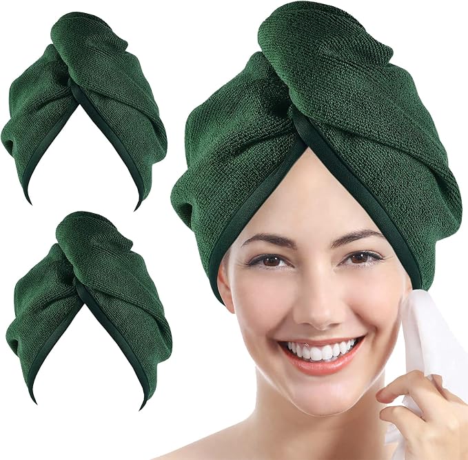Microfiber Hair Towel Hair Wrap: 2 Pcs 10X26 Hair Dryer Women (Emerald) | Absorbent Turban Twist Drying Shower Cap Curly Hairs Products for Hair's Care Accessories