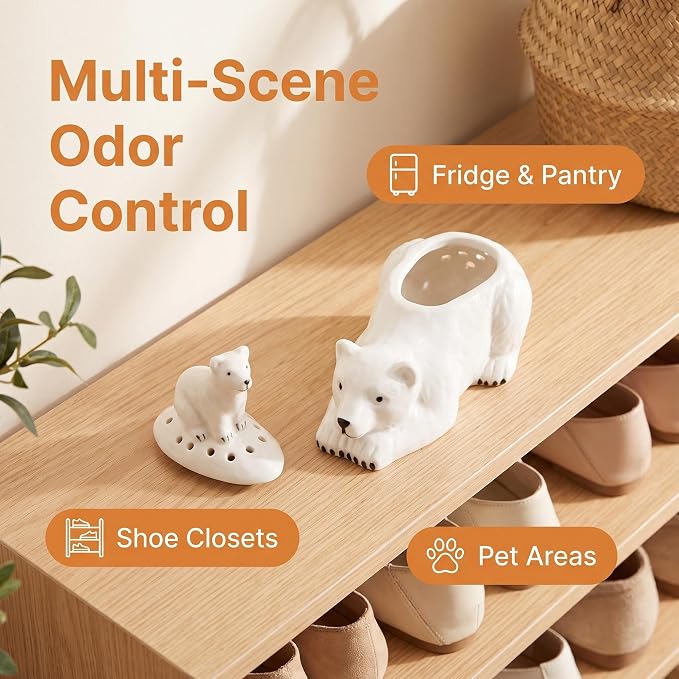 dgudgu Ceramic Bear Baking Soda Holder Deodorizer Fridge Odor Absorber | Cute ceramic mama and baby polar bear baking soda odor absorber container for fresh refrigerators and closets.