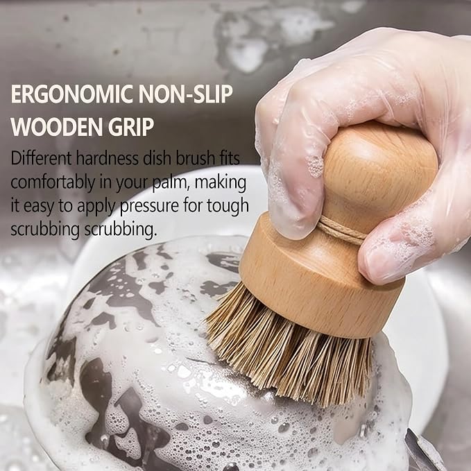 Wood Dish Brush, Natural Fiber Kitchen Scrubber with Ergonomic Grip, 3 Pack | Eco Palm Dish Scrub Brush Set, Natural Rubber Wood Grip Handle for Cleaning Dishes, Pots, Pans, Sink, Tableware, Vegetables