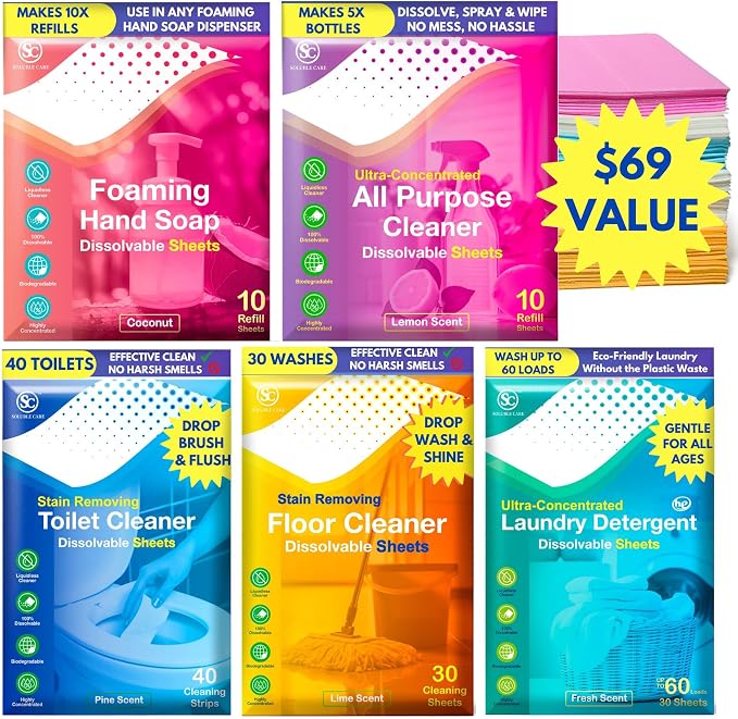 Whole House Cleaning Sheet Kit: Earth-Friendly, 5-Pack | Includes Toilet Cleaner, Laundry, Floor Cleaner, All-Purpose Spray & Foaming Hand Soap Concentrated Sheets, 120 Sheets