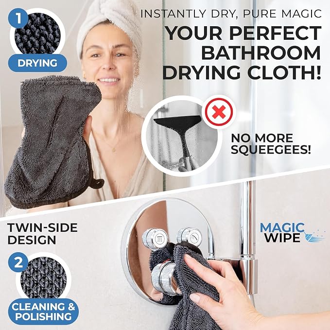 MagicWipe® Bathroom Drying Cloth, 1-40 x 60 cm & 2-30 x 40 Microfibre Cleaning Cloth - Streak & Lint Free Cloth, Premium Quality Drying Towel for Bathrooms, Kitchen, Mirrors (3, Multiplesize Black)