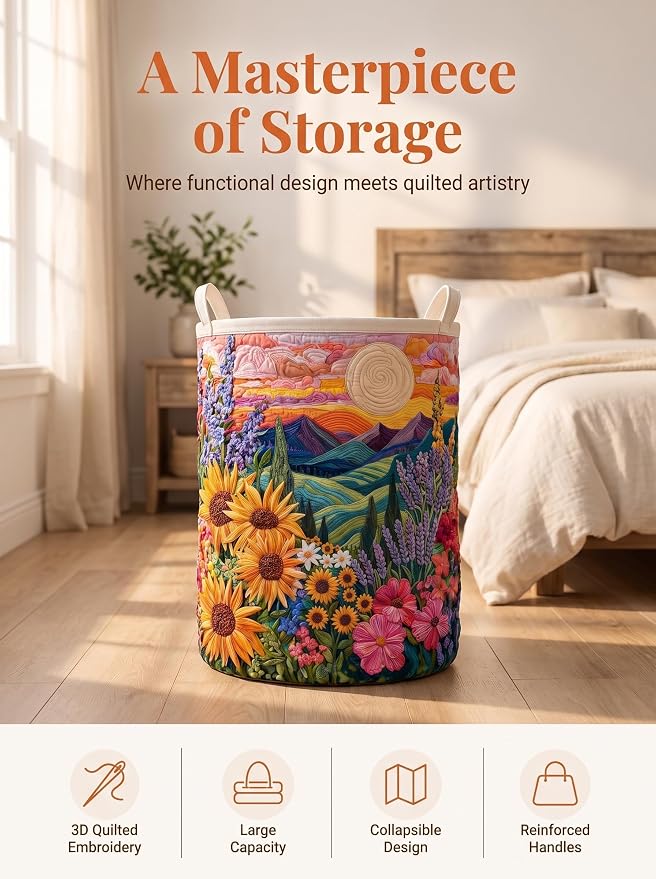Quilted Laundry Basket with Handles, Boho Floral Quilted Storage Hamper, Large Capacity Laundry Hamper for Nursery Bedroom Laundry Room Home Decor (Pattern 12, Large (28"H x 20"W x 20"L))