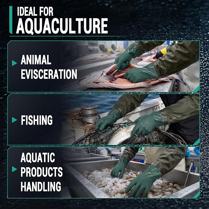 2 Pairs Aquarium Gloves Heavy Duty - 27.5 inch Waterproof Oil Resistant Anti-Slip Moisture-Wicking Elbow Length Gloves for Cleaning Pond Pet Fishing Garden Machinery Industry, Dark Green
