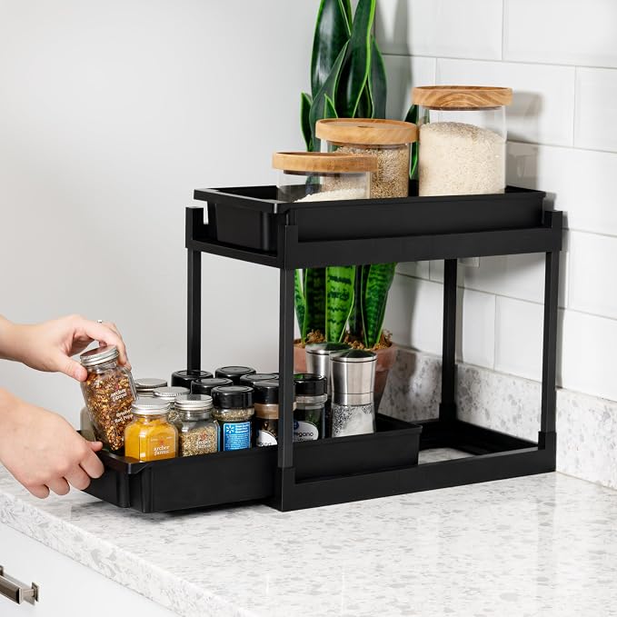 IRIS USA Under Sink Organizer, 4 Pack, Pull Out Storage Drawers | Tool-Free Assembly, 2-Tier Cabinet Storage, Space Saving, Vertical Spice Rack