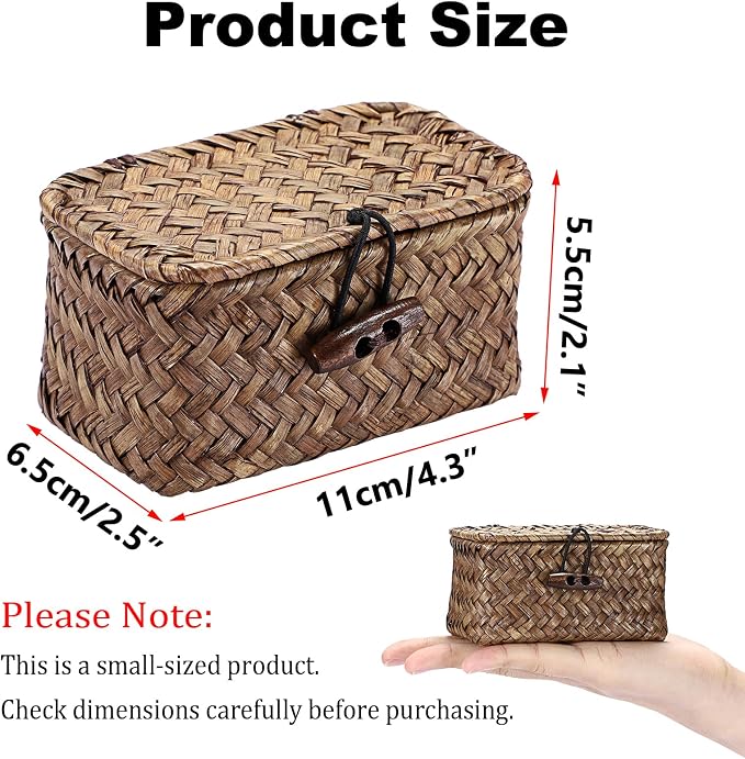 Hipiwe Mini Seagrass Basket Box with Lid Wicker Storage Bins, 4.3x 2.5x2.1" | Small Handwoven Baskets Organizer, Multipurpose Desktop Baskets for Home Decor