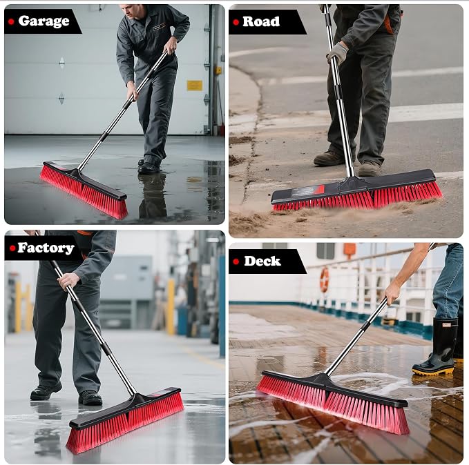 24" Push Broom Outdoor, Heavy Duty Garden Brush Broom with 58" Long Handle | Commercial Outdoor Broom for Deck Driveway Garage Yard Patio Warehouse Concrete Floor Cleaning