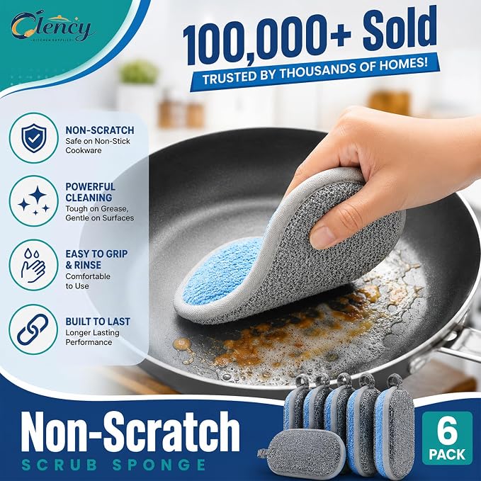 Clency Non-Scratch Kitchen Sponges, 6 Pack Dual-Sided Dish Sponges for Washing Dishes, Safe for Nonstick Cookware, Reusable Scrubber Cleaning Set with 2 Silicone Cleaning Gloves