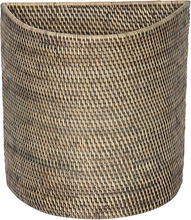 KOUBOO Half-Moon Rattan Waste Basket, Wicker Trash Can, Indoors, Black Wash | Handwoven natural texture, space-saving half-moon shape, lightweight design, ideal for paper and dry household waste