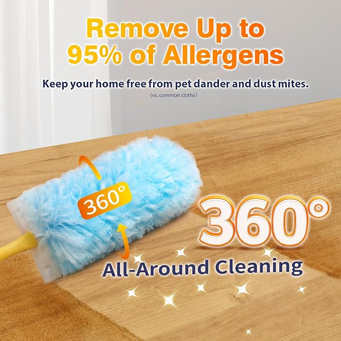 60ct Duster Refills for Swiffer Duster with 3ft Extension Pole & Short Grip | Heavy Duty 360° Disposable Dusters, Multi Surface Dusters for Cleaning Ceiling Fans, Furniture, Blinds & Hard-to-Reach Areas