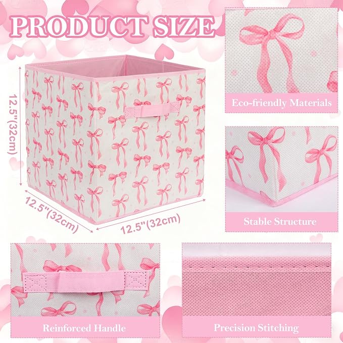 6 Pcs Pink Bow Cube Storage Bins 12.5 Inch Pink Storage Basket with Handle, Preppy Girls Organizer Basket, Collapsible Fabric Box for Classroom Bedrooms Office Home Decoration (Bow)