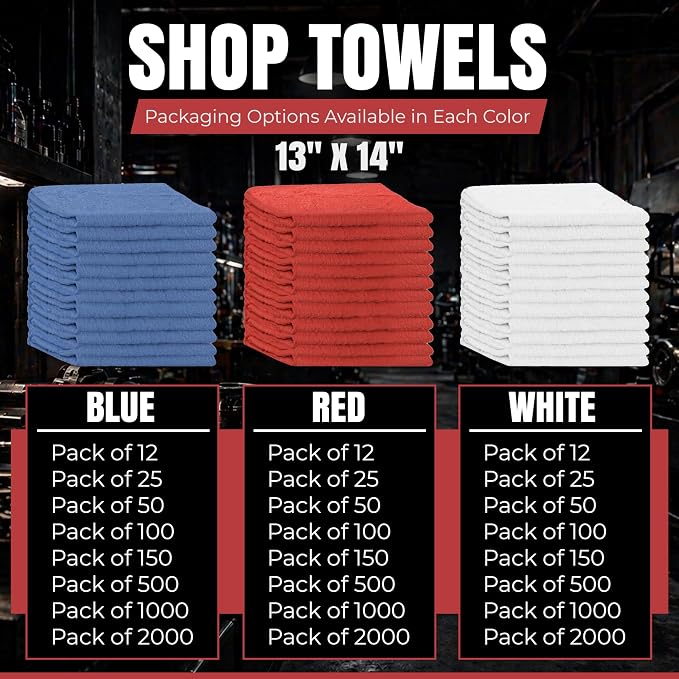 Premium 100% Cotton Shop Towels, 25 Pack, 13”x14”, Reusable Red Shop Rags, Multipurpose Cleaning Rags for Oil, Grease, Mechanics, Auto Detailing, Painting, Industries, Garage, and Home Use