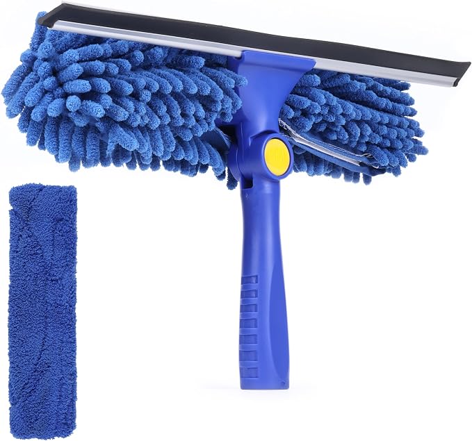 2-in-1 Window Squeegee Cleaning Combo | Glass Cleaner Tool for Commercial and Residential Use, 2 Reusable 12” Sleeves and 14” Blade