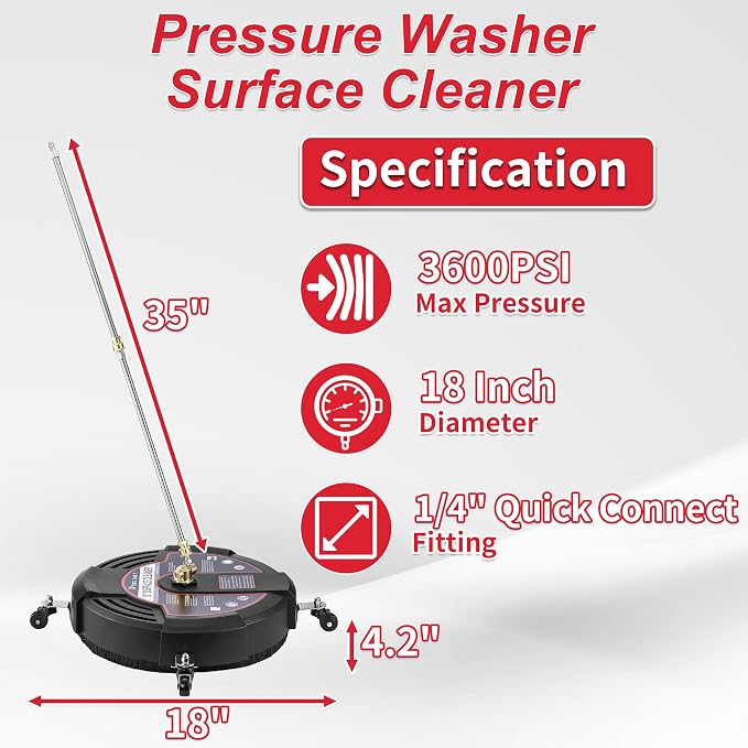 Tool Daily 18 Inch Surface Cleaner for Pressure Washer with 4 Wheels | 2 Extension Wand, Power Washer Surface Cleaner for Driveway, Sidewalk, Concrete, Patio Cleaning, 1/4" Quick Connect, 3600 PSI