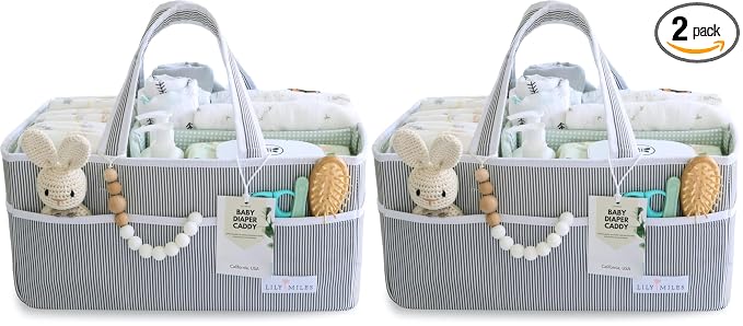 Baby Diaper Caddy Organizer - Large Tote Bag for Newborn essentials Boy or Girl - Baby Shower Basket - Nursery Must Haves - Registry Favorites - Newborn Caddie Car Organizer (Pack of 2)