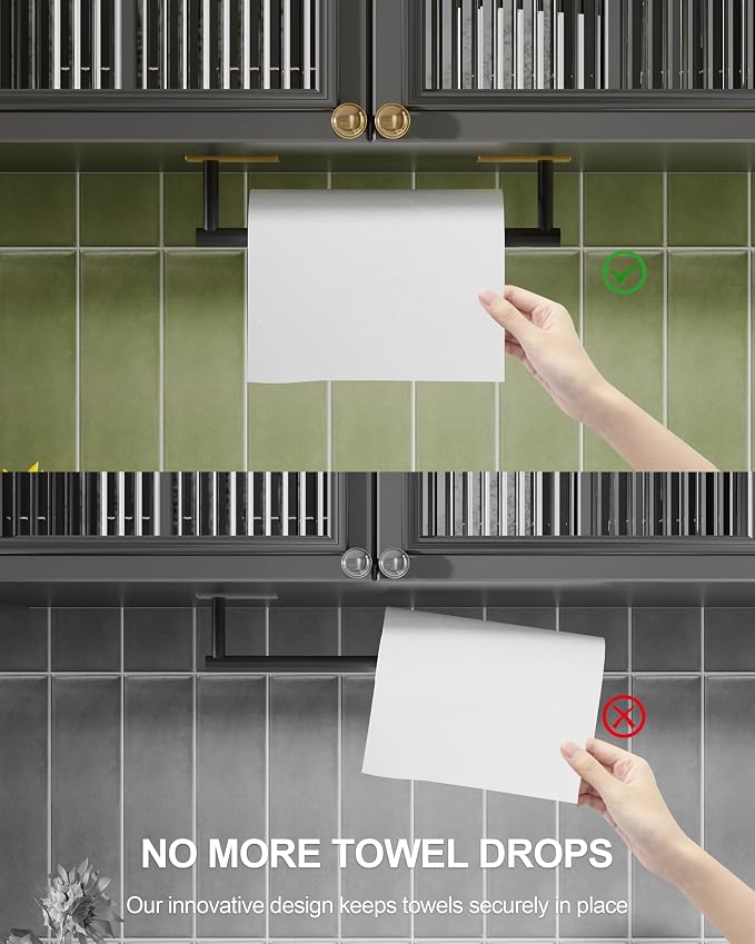 Paper Towel Holder Under Cabinet Self Adhesive Black & Gold | 304 Stainless Steel Post Pivoting Design Wall Mounted & No Drilling for Kitchen Waterproof & Rustproof, Square Base
