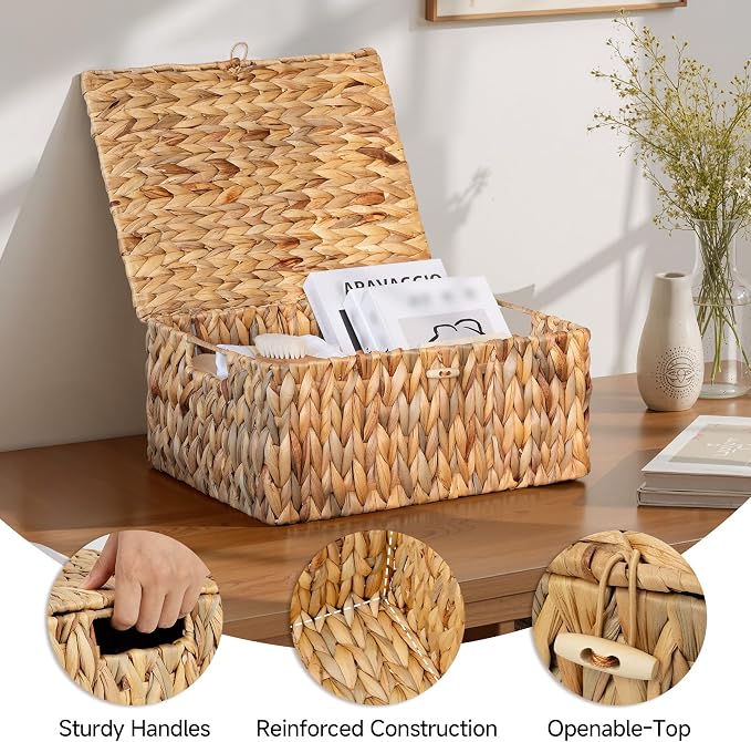 StorageWorks Wicker Basket with Lid, Storage Baskets with Lids, Hyacinth | Woven Baskets with Lids for Shelves, Wicker Storage Baskets with Lids, Lidded Baskets for Organizing, Extra Large, 1 Pack