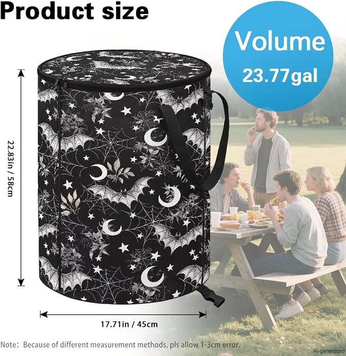 Halloween Bat 24 Gal Collapsible Trash Can w/Lid Waterproof Foldable Garbage Bin for Camping, Backyard & Hiking | Heavy Duty Pop-Up Design Car Camping Gear Holiday Gifts