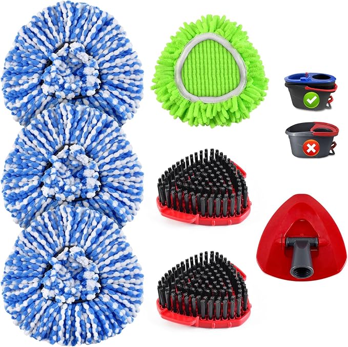 Mop Head Replacement for O Cedar, Spin Mop Replacement Head for Ocedar RinseClean 2 Tank System, Mop Heads Includeds 3 Mop Replacement Heads, 2 Upgrade Spin Scrub Brush, 1 Base & 1 Chenille Pad