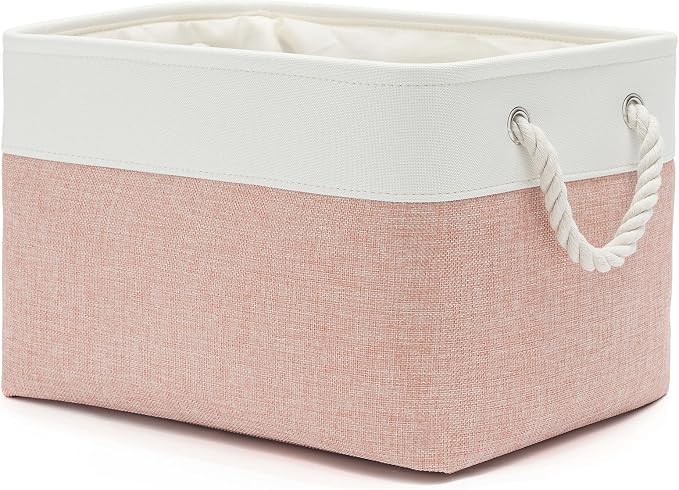 15x11x10 In Foldable Fabric Large Storage Bins with Handle 1 Pack | Organizer Baskets, Sturdy Metal Strand, Cardboard Support Molding, Storage Baskets for Shelves, Closet, Bedroom, White/Pink