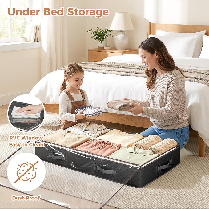 Budding Joy 95L Under Bed Storage Containers, 6 Pack Clothes Storage Bins | Foldable underbed storage bins for linen sheets, blanket, clothing, comforter, sweaters, pillows, wrapping paper, black