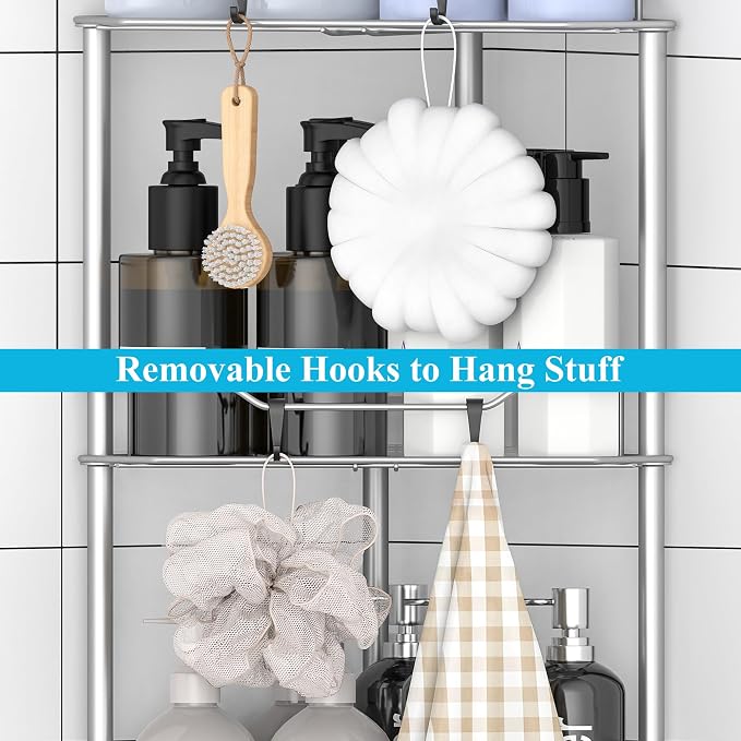 HuggieGems Metal Floor Standing Corner Shower Caddy, Gray, 3 Tier | Adhesive Bathroom Organizer Shelves, Free Standing Shower Rack with Hooks, Hold Large Shampoo Bottles