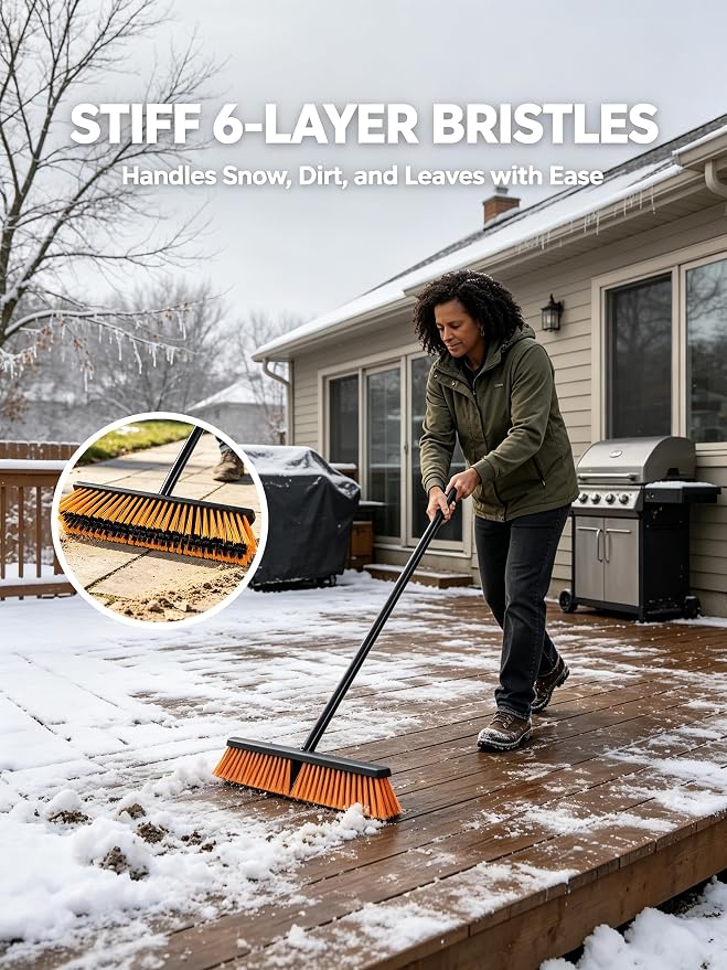 Push Broom, Outdoor Broom, Push Broom Outdoor for Garage, Deck | 18‑inch stiff bristle head works as garage, shop & industrial broom for concrete, decks, patios. Ergonomic handle + hook