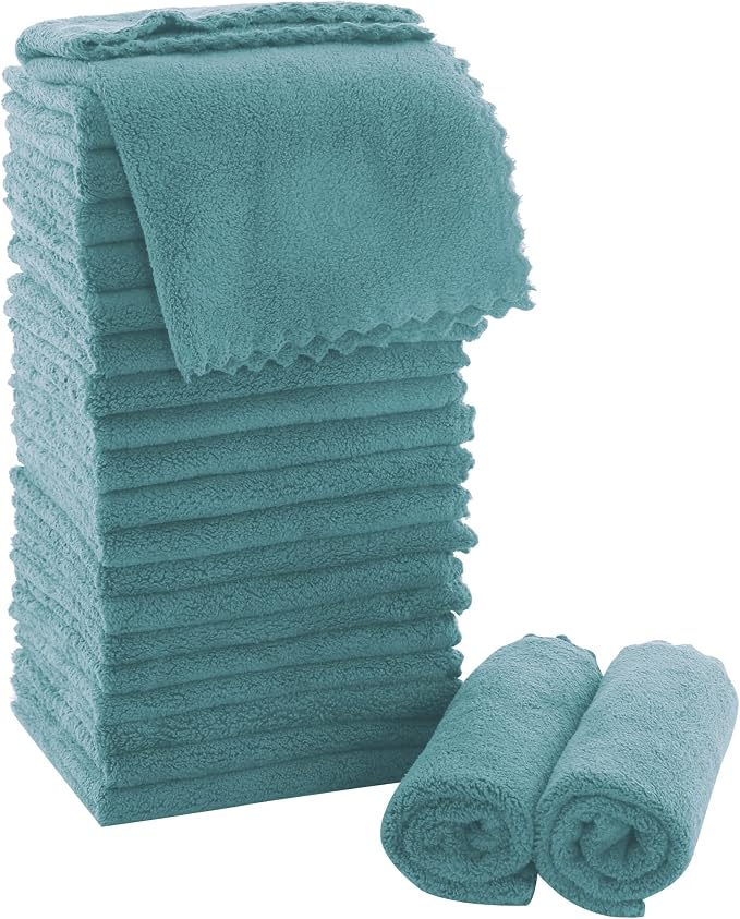 MOONQUEEN Ultra Soft Premium Washcloths Set - 12 x 12 inches - 24 Pack - Quick Drying - Highly Absorbent Coral Velvet Bathroom Wash Clothes - Use as Bath, Spa, Facial, Fingertip Towel (Teal)