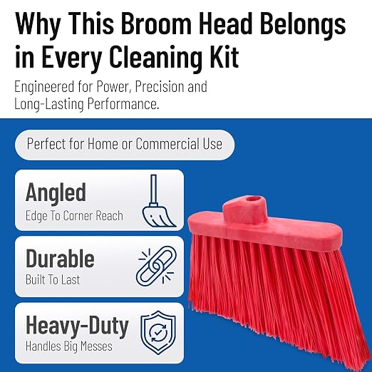 SPARTA Plastic Broom Head, Angled, Un-Flagged for Large Debris Indoor, Outdoor, Home, Restaurant, Lobby, Office, 12 Inches, Red