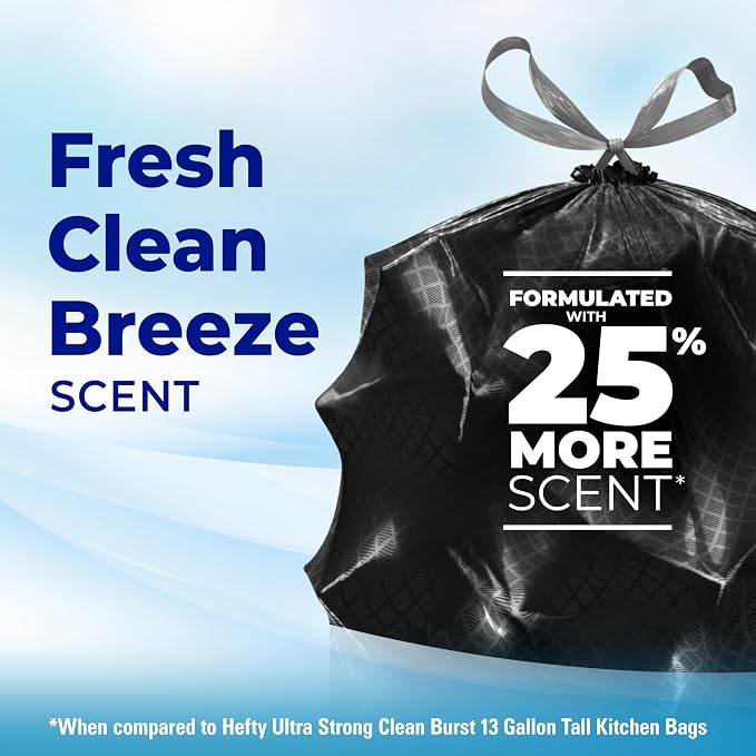Hefty Ultra Strong Signature Scents 13G Trash Bags, Fresh Clean, 80ct | 13 Gallon Black Kitchen Trash Bags with 25% More Scent Technology, Resists Leaks, Punctures, Tears, Odor Control