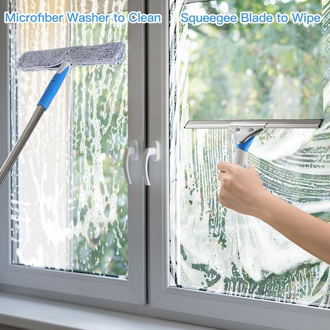 10 Feet Long Squeegee Window Cleaner Tool for Outdoor High Windows | Professional Window Cleaning Kit with Extension Poles for Indoor Outdoor Windows Car Windshield Solar Panel