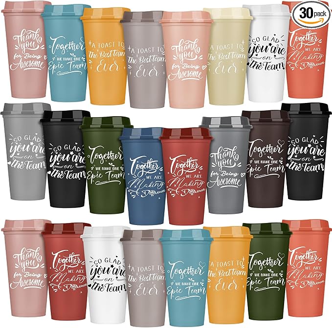 Pickmesh 30 Pcs Housekeeping Employee Appreciation Gifts Cups,Varicolored | 16 oz Plastic Tumblers with Lids, Reusable Coffee Cups, Thank You Gifts, for Staff Volunteer Coworker Teacher