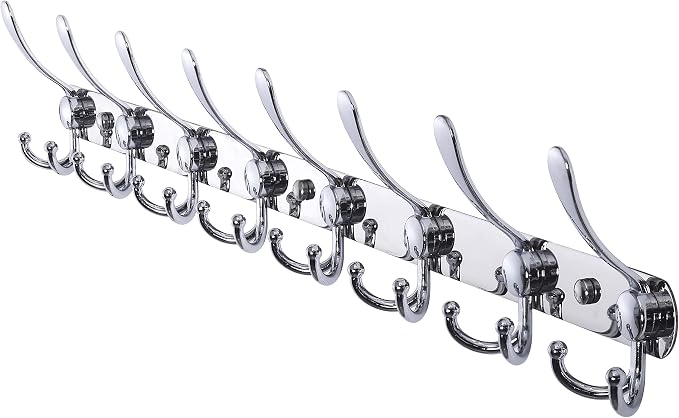 Dseap Coat Rack Wall Mount - 29.5” Long 8-Tri-Hooks Heavy Duty Coat Hanger Rail Wall Hooks for Hanging Coats Hats Clothing Clothes Purse Mudroom Entryway, Chromed