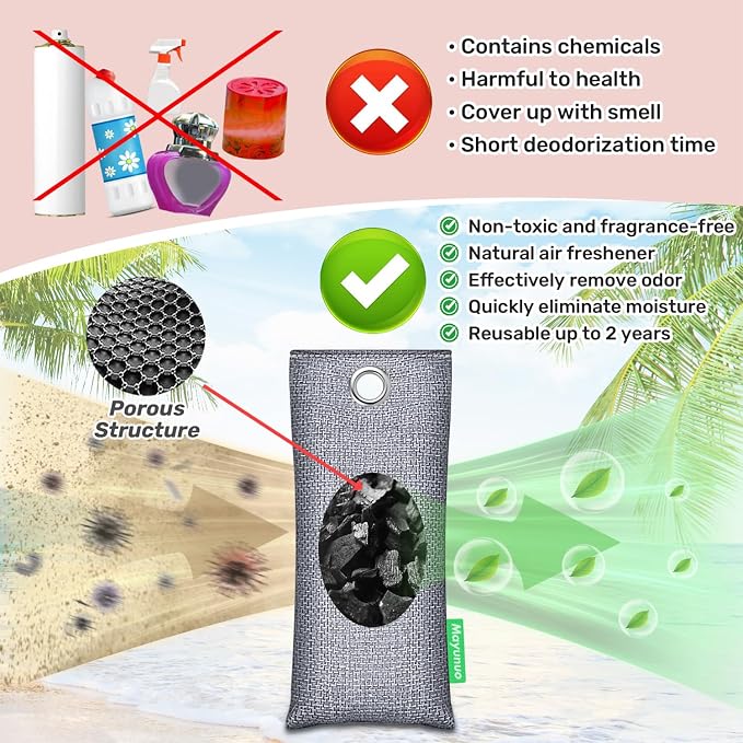Activated Charcoal Odor Absorber Deodorizer Odor Eliminator for Strong Odor | Home, Basement, Closets, Shoes, Smoke, Car Air Freshener. 2 Pack Nature Bamboo Charcoal Air Purifying Bags