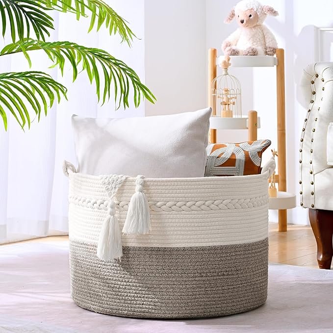 67L Large Blanket Basket, 20"x13" Woven Storage Baskets With Handle, Cotton Rope Blanket Basket Living Room, Baby Laundry hamper for Blanket, Nursery, Toy, Pillow (White & Grey)